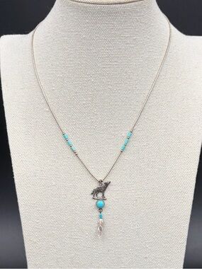 Southwestern Sterling Silver Liquid Silver Turqoise Wolf Necklace Feather VTG